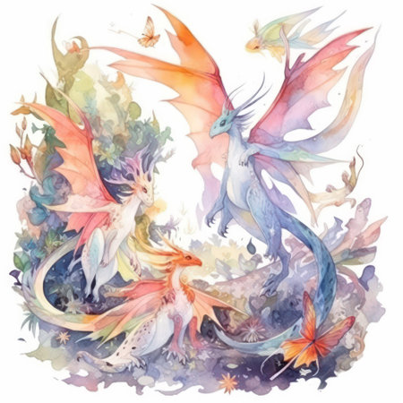 Watercolor illustration of a dragon with flowers and butterflies on a white backgroundの素材