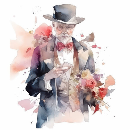 Old man in a hat and bow tie. Watercolor illustration.の素材