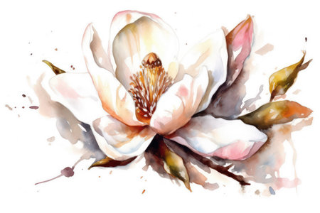 Watercolor magnolia flower isolated on white background. Hand drawn illustration.の素材