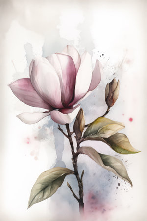 Watercolor illustration of magnolia flower on white background. Digital painting.の素材