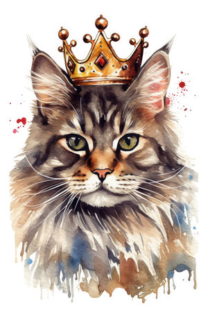 Portrait of a cat with a crown. Watercolor illustration.の素材
