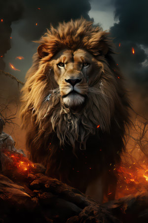 Lion in the forest with fire and smoke. 3d renderingの素材