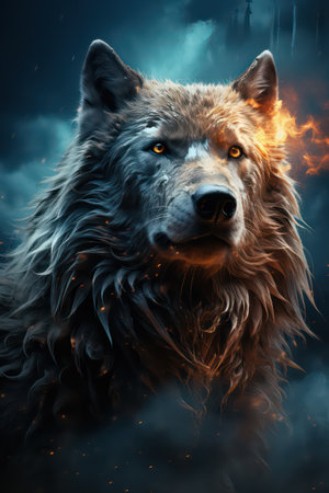Portrait of a wolf with fire and smoke on a dark backgroundの素材