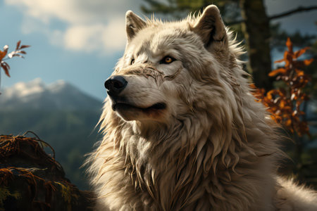White wolf in the forest on a background of mountains and blue skyの素材
