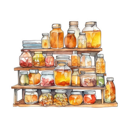 Shelves with different kinds of pickled fruits and vegetables. Watercolor illustrationの素材