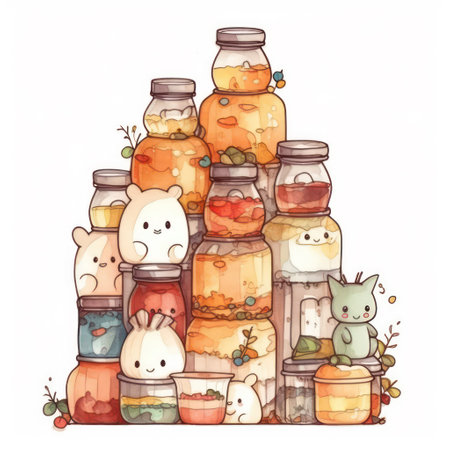 Hand drawn vector illustration of cute cartoon cats in glass jars and jars.の素材
