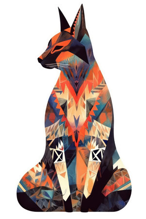 Colorful illustration of a cat with abstract geometric ornament on white backgroundの素材