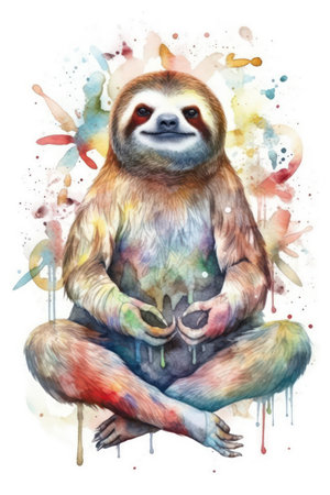Watercolor illustration of cute sloth sitting on the floor. Hand drawn animal.の素材