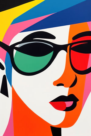 Abstract contemporary art collage, woman's face with sunglasses and colorful geometric shapesの素材