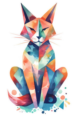 Watercolor illustration of a cat sitting on a white background with colorful spotsの素材