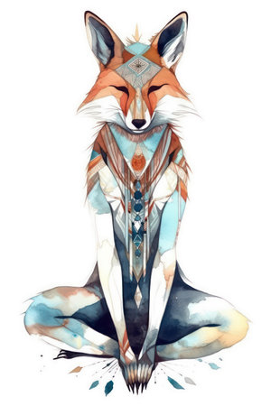 Watercolor illustration of a fox with tribal ornament on white background.の素材