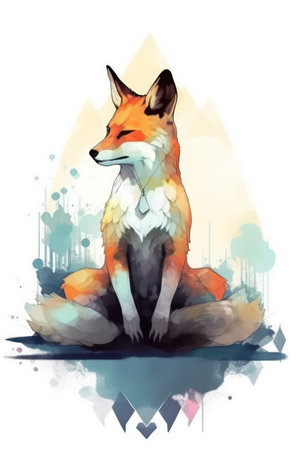 Illustration of a fox sitting on watercolor background. Vector illustration.の素材