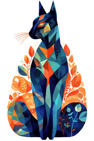Illustration of a cat with colorful leaves on a white background.の素材
