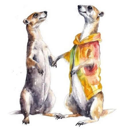 Watercolor illustration of a pair of meerkats in a yellow raincoatの素材