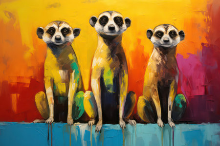 Three meerkats sit on a wall. Multicolored background.の素材