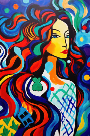 Beautiful woman with curly hair in the style of pop art.の素材