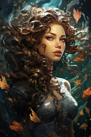 3D illustration of a beautiful girl with curly hair and autumn leavesの素材