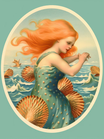 Vintage card with mermaid and sea waves in retro style.の素材
