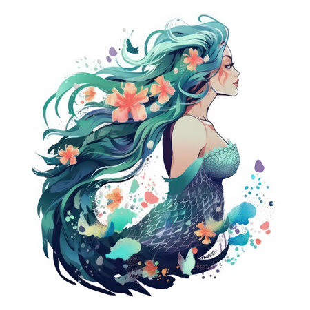 Beautiful girl with long green hair and flowers. Vector illustration.の素材