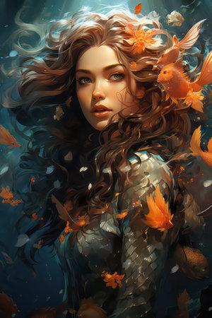 Beautiful mermaid with golden fish. Fantasy illustration. Digital painting.の素材
