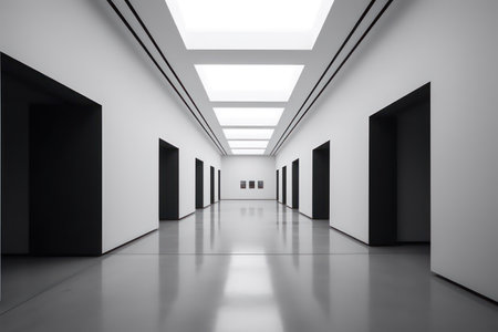 Abstract interior of empty gallery with white walls and ceiling. 3d renderingの素材