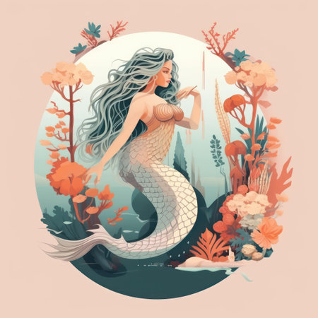Beautiful mermaid in the sea. Vector illustration in a flat style.の素材