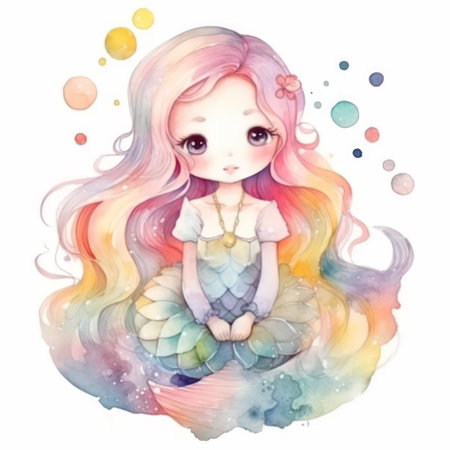 Cute watercolor mermaid. Hand drawn illustration on white background.の素材