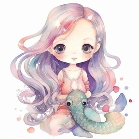 Watercolor illustration of a cute little girl with a mermaid.の素材