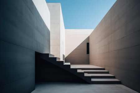 Modern architecture, stairway leading up to the blue sky background.の素材