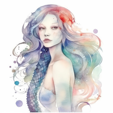 Beautiful girl with long wavy hair. Watercolor illustration.の素材