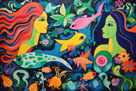 Colorful abstract background with mermaids and fish. Vector illustration.の素材