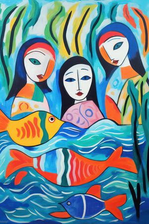 Hand drawn illustration of a group of beautiful women in the sea.の素材