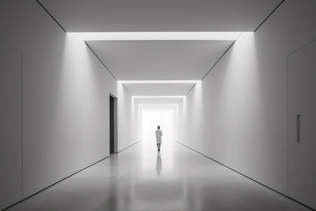 Silhouette of a man in a white corridor with white wallsの素材