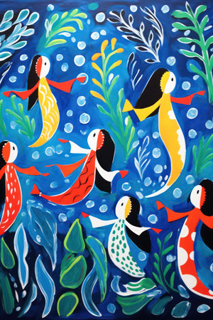 Children's drawing of a flock of birds on a blue background.の素材