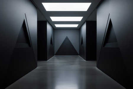 3D rendering. Futuristic black corridor with lamps in the dark.の素材