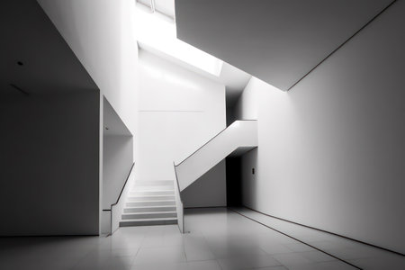 White stairs in modern office building. 3d rendering. Computer digital drawing.の素材