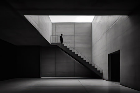 Conceptual image of a businesswoman standing on a staircase.の素材