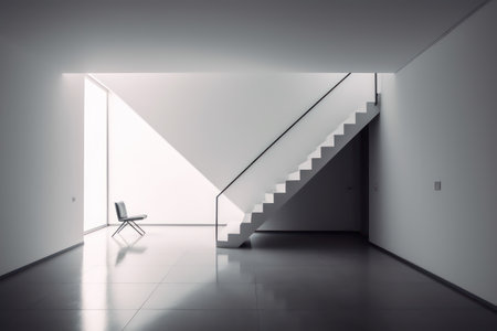 Interior of empty room with white walls, concrete floor and white stairs. 3d renderingの素材