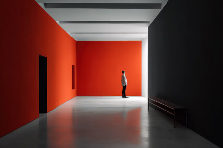 Businessman in front of an empty room with red and black wallsの素材