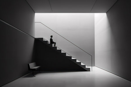 Black and white interior with stairs and a man in front of itの素材