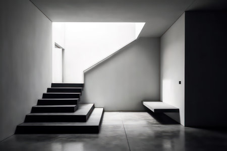 Abstract black and white interior with stairs and door. 3D Renderingの素材