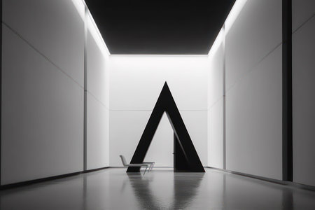 3d rendering of an empty room with a white wall and a black chairの素材