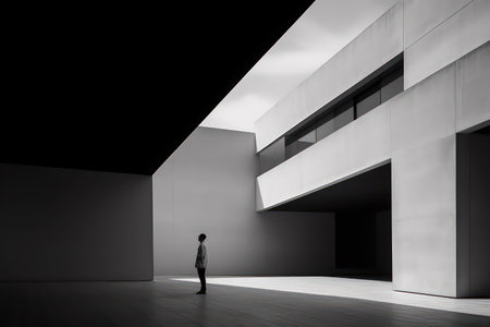 Businessman looking at empty room in modern office building. Mixed mediaの素材