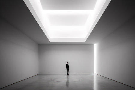 Businessman looking at empty white room with ceiling lights. 3D Renderingの素材