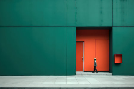 Businessman in front of an orange door in a modern office buildingの素材