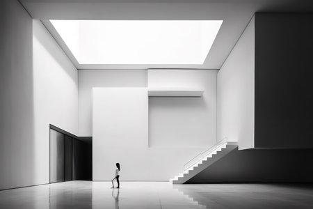 Rear view of a man walking up the stairs in a modern officeの素材