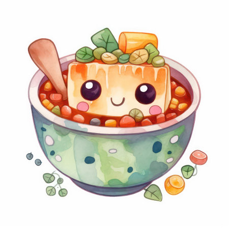 Cute kawaii cartoon soup with tofu. Vector illustration.の素材
