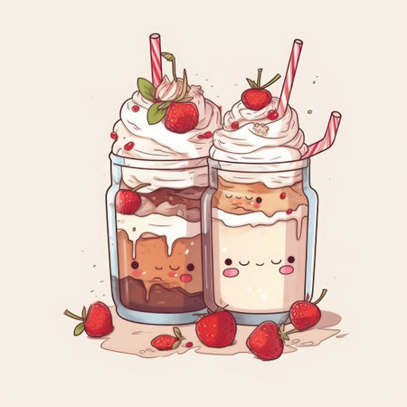 Cute cartoon milkshakes with strawberry, chocolate and whipped cream. Vector illustration.の素材