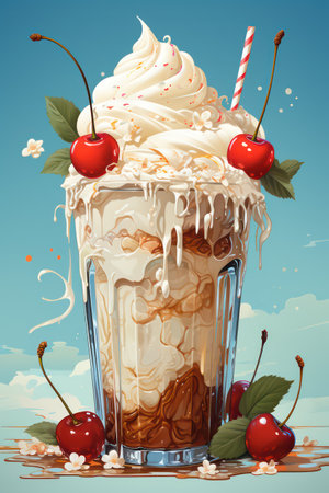 Coffee ice cream with whipped cream and cherries. Vector illustration.の素材
