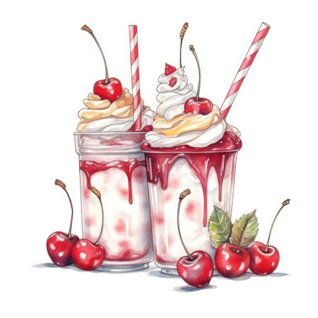 Cherry milkshakes with whipped cream and cherries. Watercolor illustrationの素材
